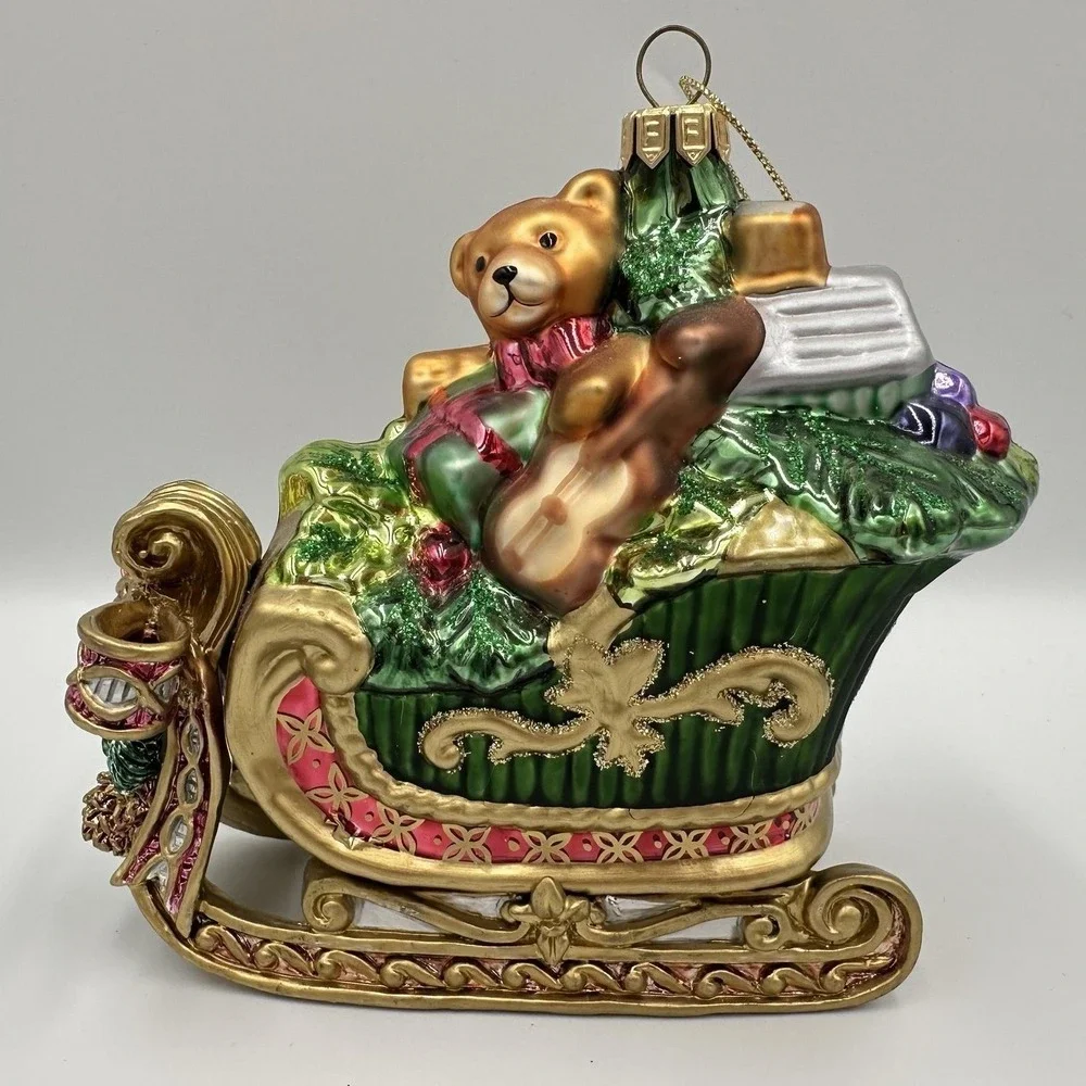 Fitz And Floyd Glass Christmas Tree Sleigh Ornament Teddy Bear Gifts Green Box‎